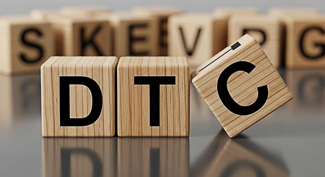 Wooden blocks spelling DTC on a reflective surface representing a directtoconsumer business model and strategy in a modern and minimalist setting conveying a sense of innovation and market disruption photo
