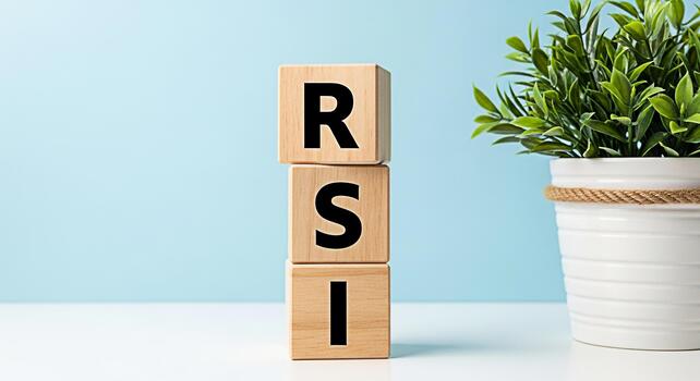 Wooden blocks displaying RSI acronym for Relative Strength Index a momentum indicator used in technical analysis sitting on a white table against a light blue background conveying financial analysis photo