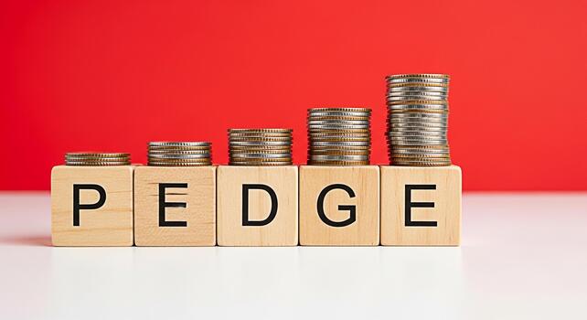 Stacks of coins increasing on wooden blocks spelling PLEDGE against a red background symbolizing a financial commitment and growth conveying a sense of responsibility and investment for the future photo