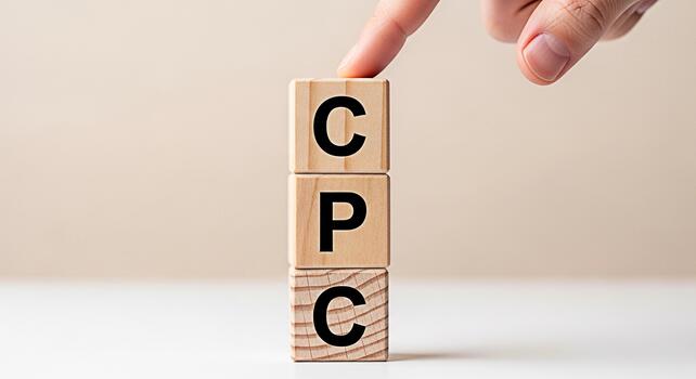 dedo conmovedor de madera bloques con cpc letras en un blanco mesa representando costo por hacer clic publicidad estrategia en un moderno negocio ambiente transporte conceptos de en línea márketing y financiero yo foto
