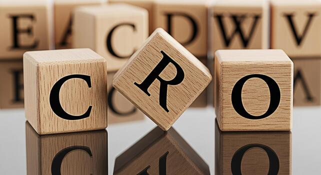 Wooden alphabet blocks spelling CRO on a reflective surface symbolizing conversion rate optimization in a business setting conveying a message of growth and improvement photo