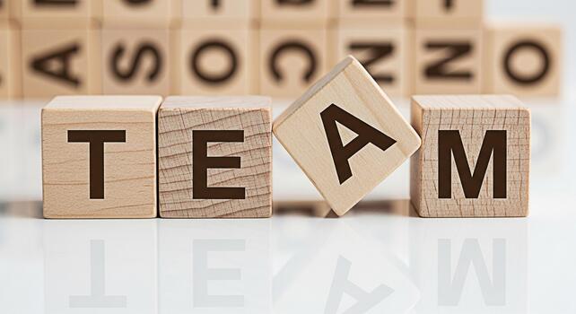 Wooden blocks spelling TEAM on a reflective surface symbolizing collaboration and unity in a bright minimalist setting conveying a sense of teamwork and shared success in business and personal endeavo photo