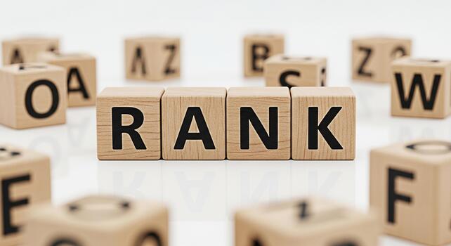 Wooden blocks spelling RANK surrounded by other letter blocks on a white surface symbolizing achievement and success in a competitive environment conveying a sense of aspiration and progress photo