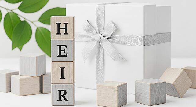 Wooden blocks spelling HEIR stacked near a wrapped gift box in a bright studio setting symbolizing inheritance legacy and the passing down of wealth and family values creating a sense of anticipation photo