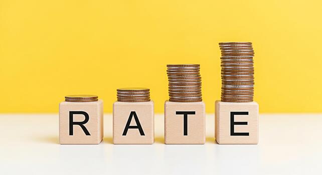 Stacks of coins increasing on wooden blocks spelling RATE against a yellow background symbolizing rising interest rates and financial growth in a simple clean and optimistic setting photo