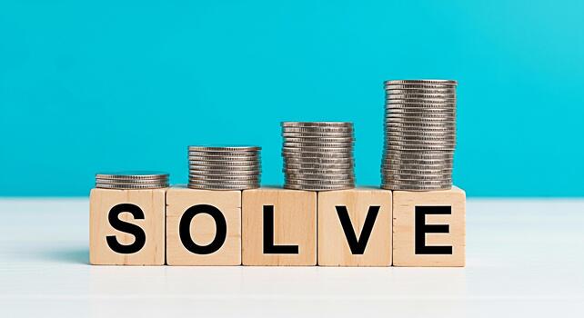Stacks of coins rising on wooden blocks spelling SOLVE against a vibrant blue background symbolizing problemsolving and financial growth with a positive and optimistic outlook photo