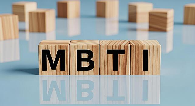 Wooden blocks displaying MBTI on a reflective blue surface representing personality assessment and psychological types in a clean modern setting symbolizing selfdiscovery and understanding photo