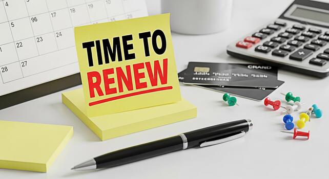 Reminder note Time to Renew placed on a desk with a calendar credit cards calculator and push pins creating a sense of urgency and prompting action for subscription or membership renewal photo