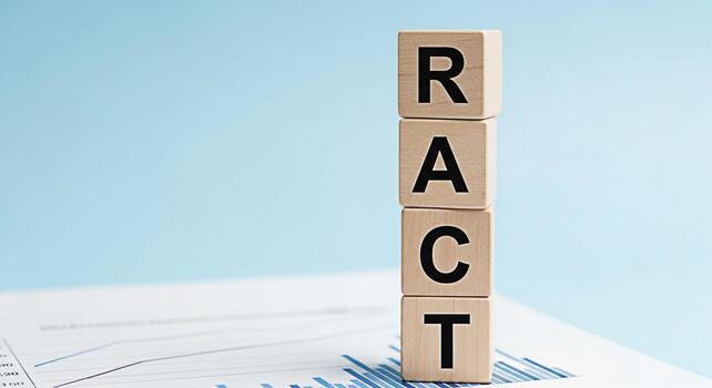 Wooden blocks spelling REACT stacked on a financial chart against a light blue background representing proactive business strategies and the importance of taking action in a dynamic market environment photo