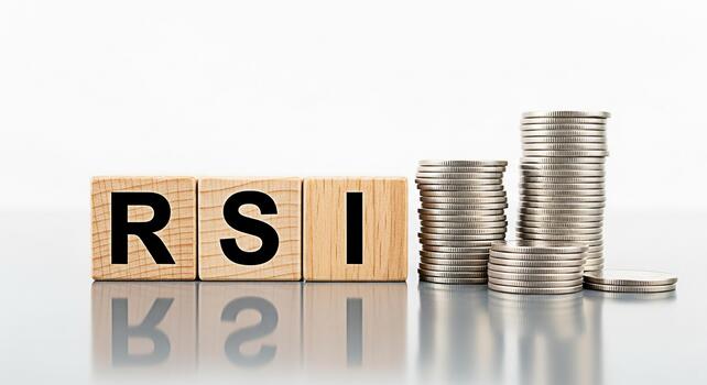 Wooden blocks spelling RSI with stacks of coins on a reflective surface representing Relative Strength Index in a financial context suggesting investment analysis and market trends for informed decisi photo