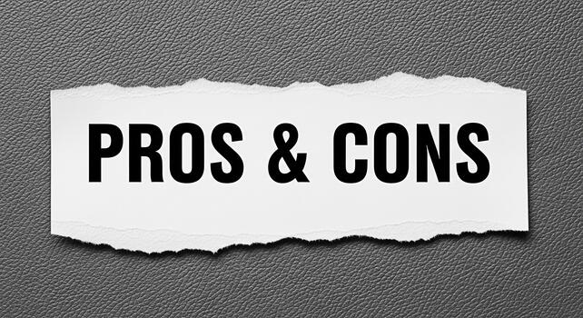 Torn paper displaying Pros Cons on a textured gray background representing decisionmaking and evaluation highlighting the importance of weighing advantages and disadvantages in a balanced manner photo