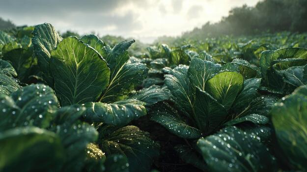 Dewy Morning Collard greens field panorama photo