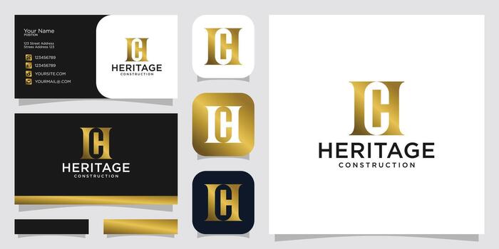combination letter H and C negative space gold color premium template vector