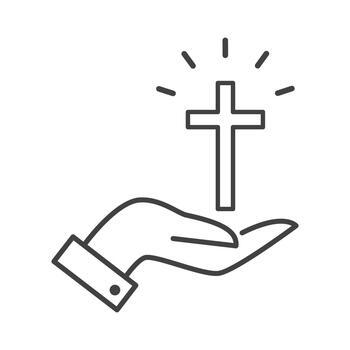 Outline the christian cross on palm hand icon isolated flat style design. vector