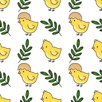 Charming seamless pattern featuring adorable yellow chicks with cracked eggshell hats and simple green leafy branches on a clean white background, perfect for spring and Easter themes. vector
