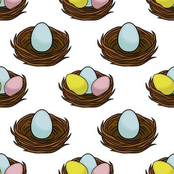 Seamless repeating pattern featuring charming nests filled with pastel Easter eggs, creating a delightful springtime background. vector
