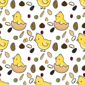 A charming seamless pattern featuring adorable yellow chicks hatching from eggs and scattered birdseed. vector