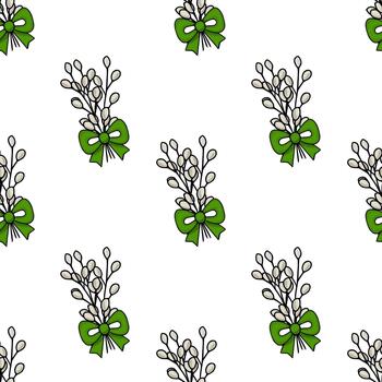 Seamless pattern of delicate willow branches adorned with bright green bows, evoking a whimsical spring or Easter theme. vector