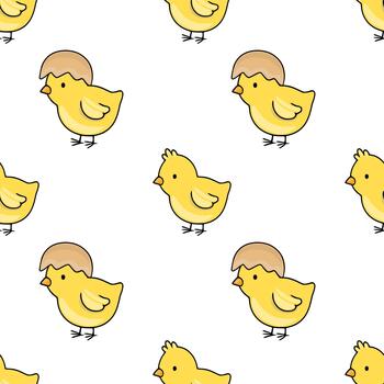 Seamless pattern of cute yellow chicks hatching from eggs, with a charming and playful cartoon style. vector