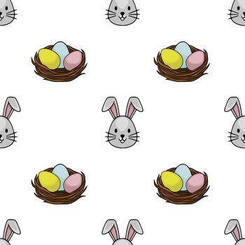 Whimsical seamless pattern featuring cute Easter bunny faces and colorful eggs in nests on a white background, perfect for festive designs. vector