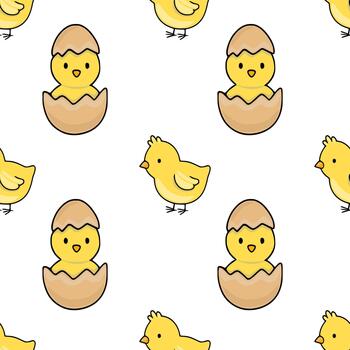 Adorable yellow chicks hatching from brown eggshells, creating a seamless pattern for spring and Easter themes. vector