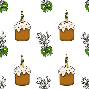 Seamless pattern featuring hand-drawn Easter cakes with candles and willow branches adorned with green bows, set against a clean white background. vector
