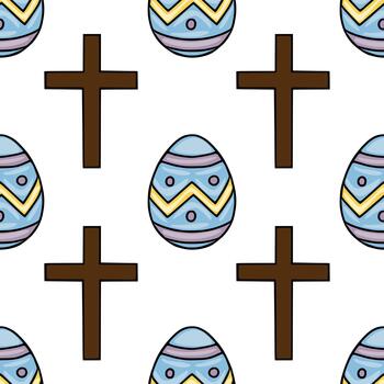 sin costura modelo de estilizado Pascua de Resurrección huevos y marrón cristiano cruces en un blanco fondo, presentando un juguetón, gráfico estilo. vector