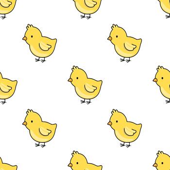 Seamless repeating pattern of adorable yellow chicks with simple outlines and soft shading, perfect for spring and Easter themes. vector