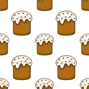 Whimsical pattern of stylized Easter cakes with white icing and colorful sprinkles, perfect for festive backgrounds and decorations. vector