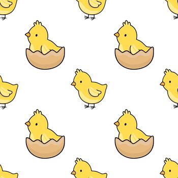 Charming pattern featuring adorable yellow chicks hatching from eggshells, perfect for spring and Easter designs. vector
