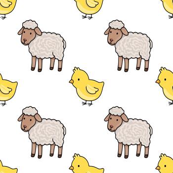 sin costura modelo presentando adorable dibujos animados oveja y polluelos en un blanco fondo, Perfecto para Pascua de Resurrección y primavera temas vector