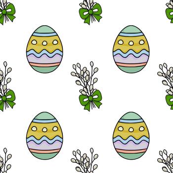 Seamless pattern featuring hand-drawn Easter eggs and willow branches tied with green bows, creating a festive and organic holiday background. vector