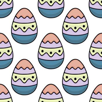 Seamless pattern of cute, pastel-colored Easter eggs with simple wavy lines and dot details. vector