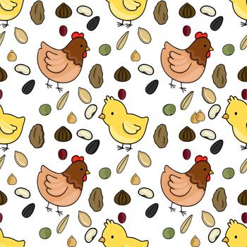 Adorable seamless pattern featuring playful chicks and hens amidst scattered birdseed and grains, creating a charming farm-themed backdrop. vector
