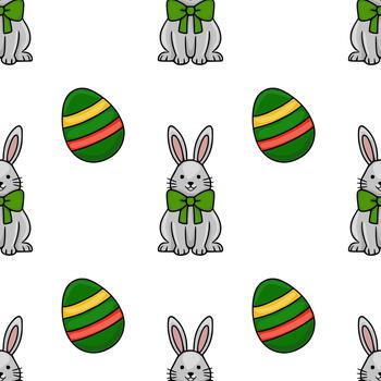 Seamless pattern of cute grey Easter bunnies with green bows and colorful striped eggs on a white background. vector