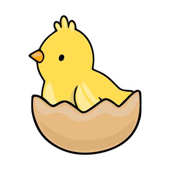 Adorable yellow chick hatching from a brown eggshell, presented as a charming illustration with a clean, simple style and bold outlines, perfect for spring and Easter themes. vector