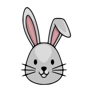 Adorable grey bunny face with long ears and whiskers, a sweet smile, and subtle shading, presented as a simple illustration on a clean white background. vector