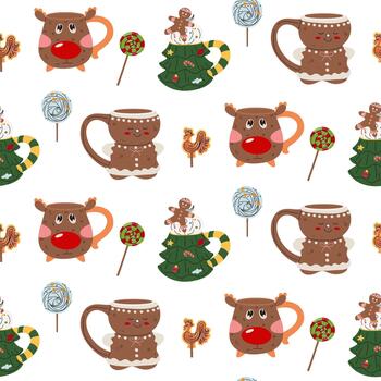 Christmas pattern with gingerbread man, reindeer, Christmas tree with lollipops and marshmallows on a stick. Great seasonal background for textile design, digital printing on paper, and prints vector