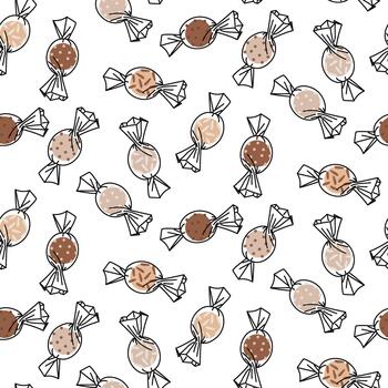 Pattern with scattered round chocolates in a transparent doodle wrapper. Flat colored seamless texture. Repetitive texture for chocolate packaging, cafe decor, and food backgrounds. festive background vector
