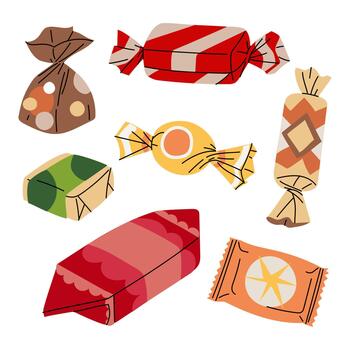 A set of colorful wrapped candies. Flat-style sweets and desserts perfect for holidays, birthdays, and other events. Various shapes. Use as graphic elements or icons for packaging and web design vector