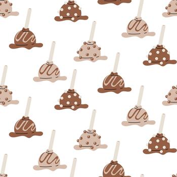 Seamless pattern with cookies and chocolates on a stick, covered with cream and chocolate icing. Repetitive background for sweet treats, candy packaging, party decorations, and textile prints. vector