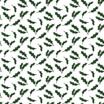 Pattern of green holly leaves on a white background. Flat color seamless texture. New Year, Christmas motif. Botanical graphics for elegant holiday wrapping paper, fabric, and festive web design. vector