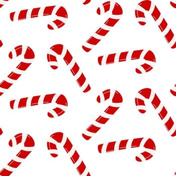 A pattern of red and white striped candy canes. Caramel candies are scattered randomly. A repeating texture for Christmas backgrounds, wrapping paper, and textile prints. vector