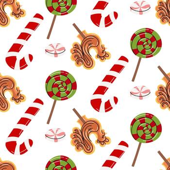 Seamless color pattern with Christmas sweets. Lollipop spiral, lollipop cane, lollipop round, lollipop in shape of rooster. Flat color texture. Holiday background for wrapping paper, textile printing vector