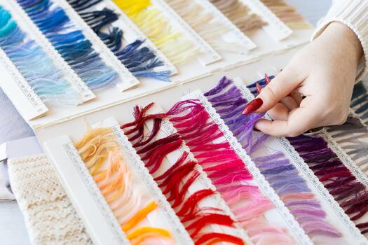 Designer selecting fabric color samples from palette book on table. Creativity, craftsmanship, and fashion design process in textile studio. photo
