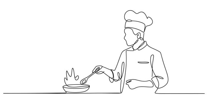 Continuous line art chef cooking with a spoon in a pan design vector