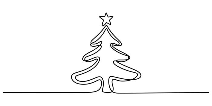 Continuous line drawing of a christmas tree with star topper vector