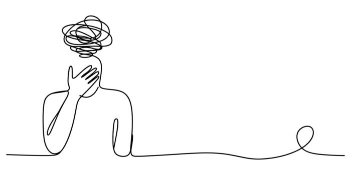 continuo línea Arte de un estresado persona con enredado pensamientos vector