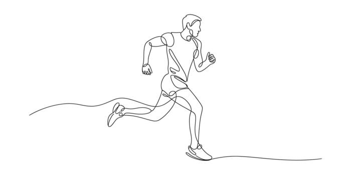 Continuous line drawing of a running man, showing sport and motion vector
