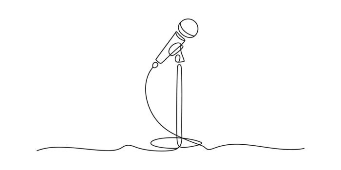 Continuous line drawing of microphone on stand, sound concept vector